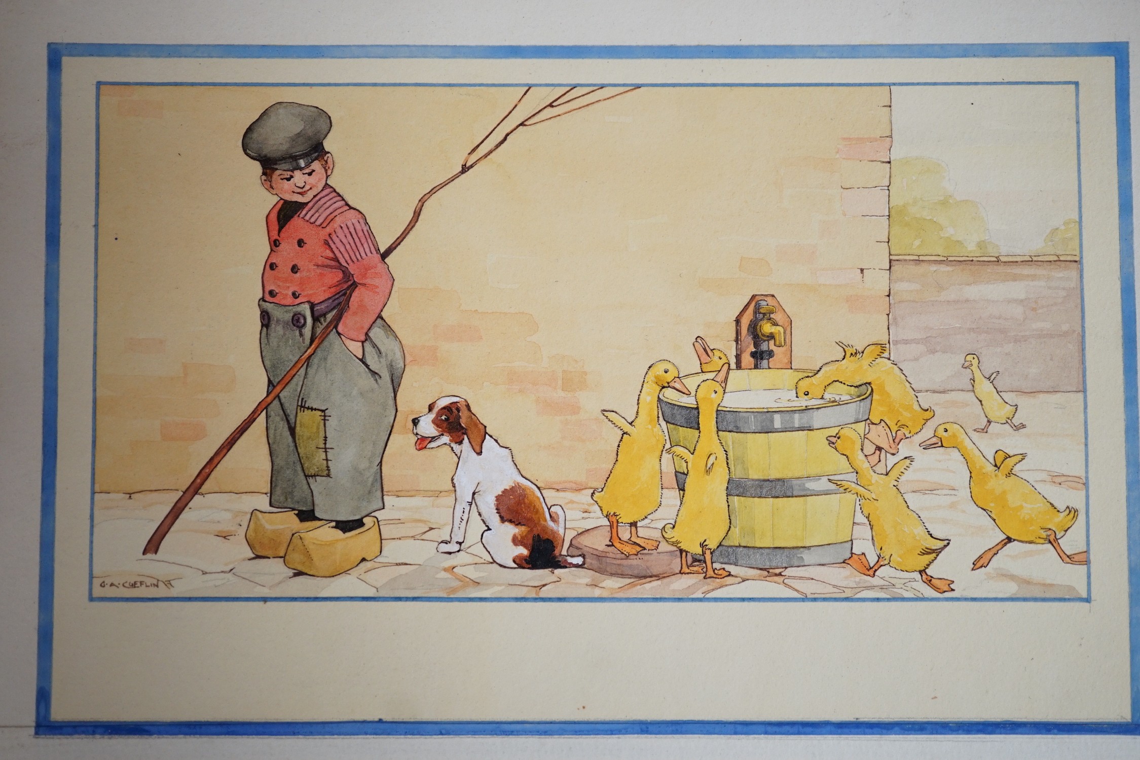 George Cufflin, six watercolours, original postcard designs of Dutch children, signed, 19 x 25cm, unframed